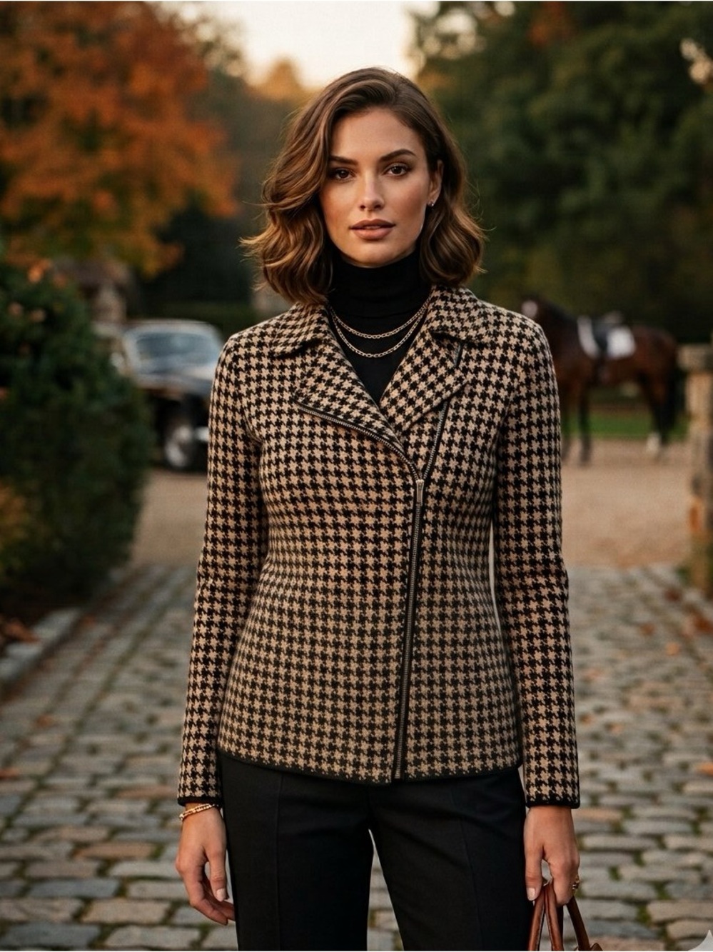 Chaps Houndstooth Knit Moto Jacket Asymmetrical Full Zip Cotton Blazer XL